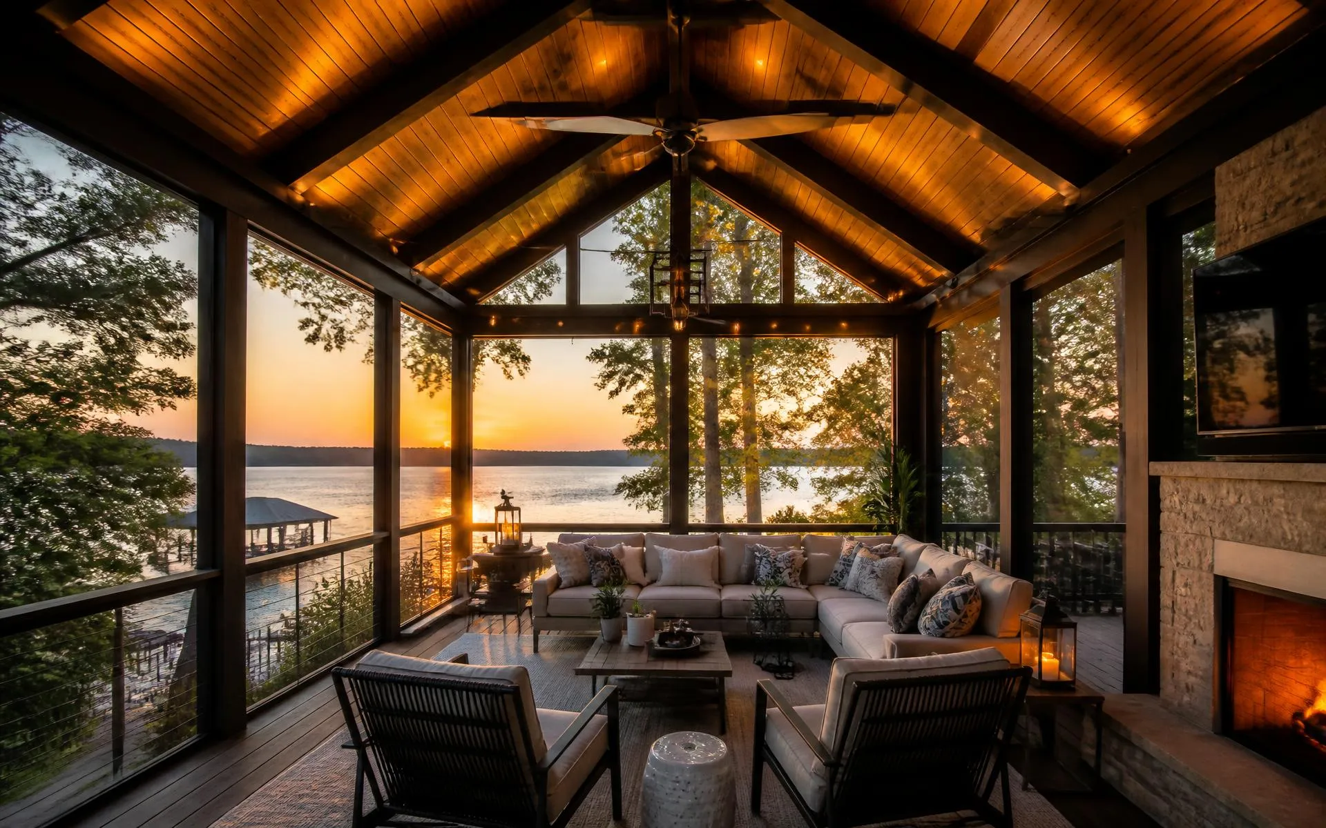 Custom screened porch with cedar gable ceiling overlooking Lake Murray at sunset